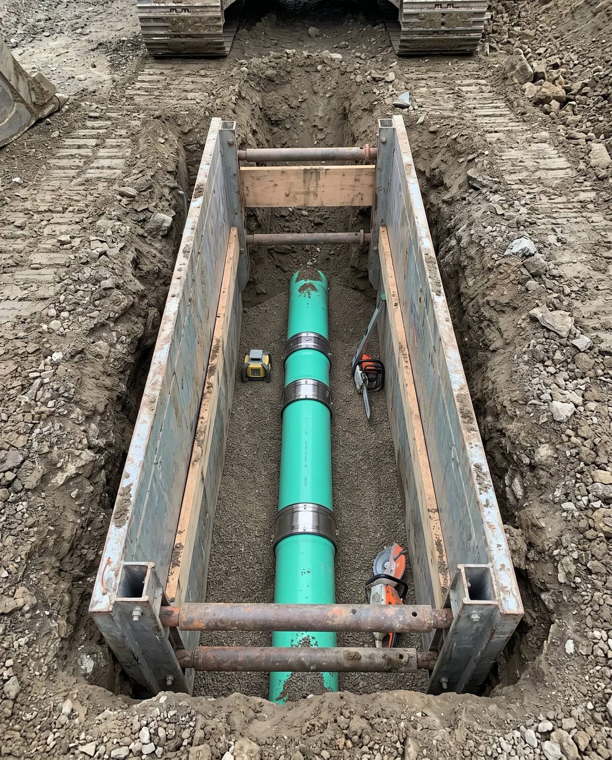 New green SDR-35 sewer pipe with couplings laid in a properly shored trench by Viper
